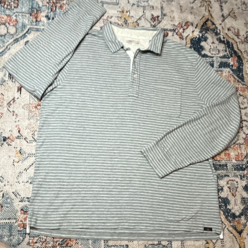 Faherty Men's Long Sleeve Organic Cotton Striped Polo Shirt Gray Pocket Size L